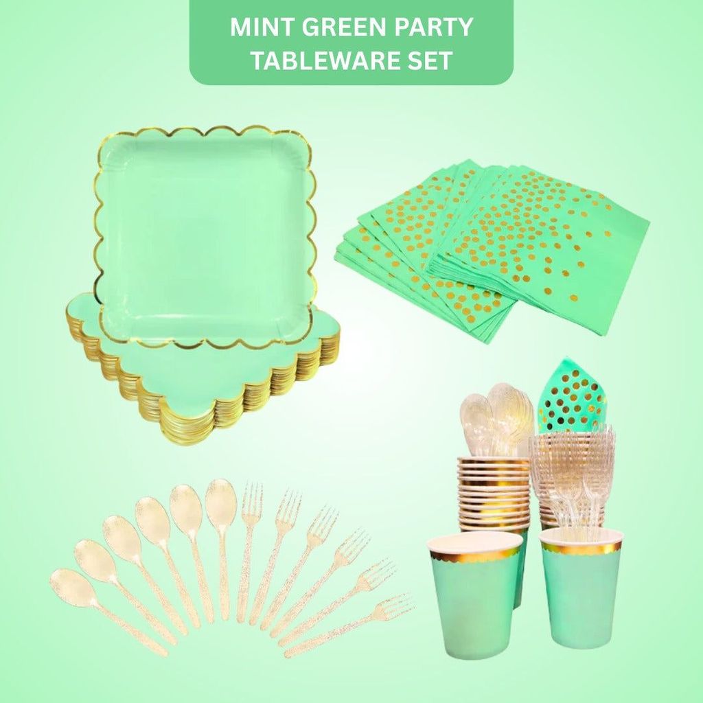 Mint Green Party Tableware Combo with Plates, Tissues, Cups, Spoons and Forks - 64PC - Serves Upto 10 Pax - Party and Festive Needs | Buy online on ZillyBuy