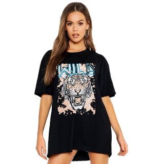 Leotude Black Printed Cotton Blend Round Neck Half Sleeve T-Shirts For Womens