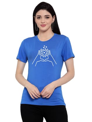 Women's Cotton Blend Heart Hands Line Art Printed T-Shirt M (Blue)