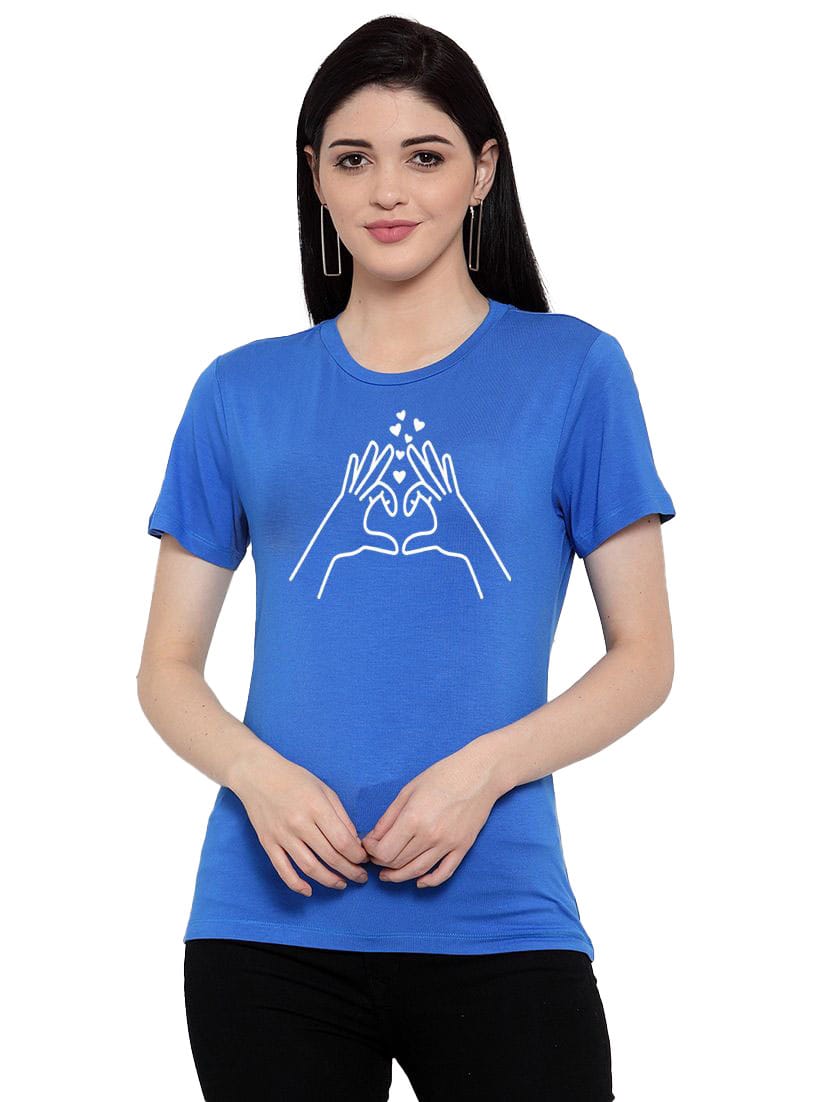 Women's Cotton Blend Heart Hands Line Art Printed T-Shirt M (Blue)