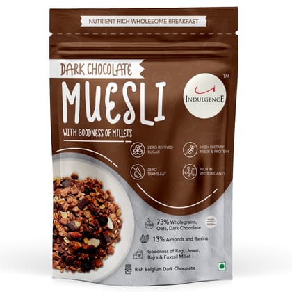 INDULGENCE Dark Chocolate Millet Muesli | Healthy Breakfast Cereal with Almonds & Raisins | High Protein & Fiber Snack | Crunchy Dark Chocolate Granola | 350g Pack