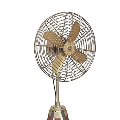 Antique Floor Fan With Brown Wooden Tripod Stand