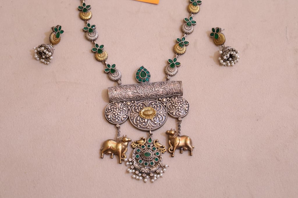 Antique Style Necklace with Green Stones, Silver-Gold Dual Tone, Elephant Charms and Pearl Clusters