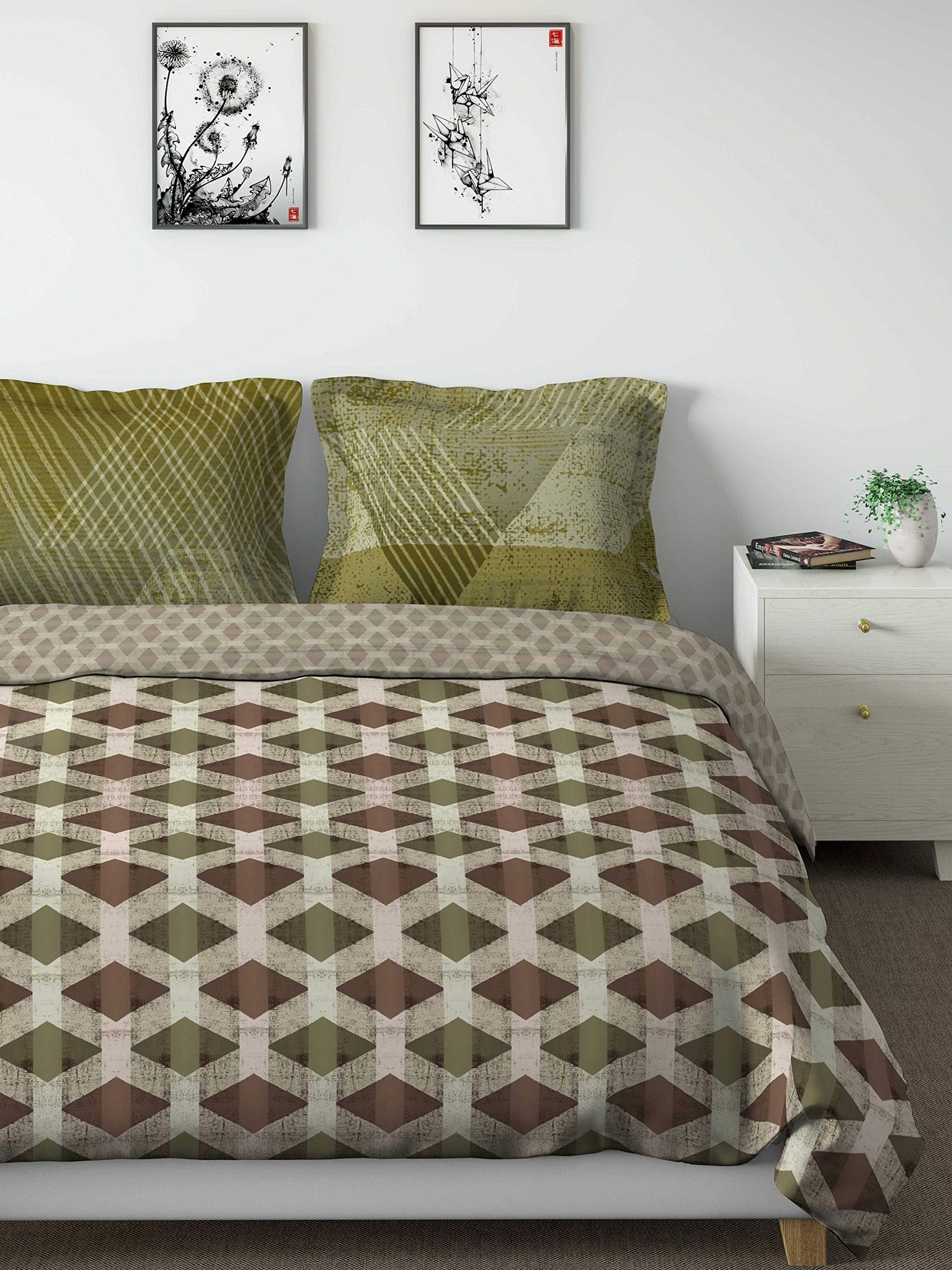 DDECOR - Cherish Collection 100% Cotton Geometric Pattern 150TC Double Coverlet|274 CM X 274 CM| - Green