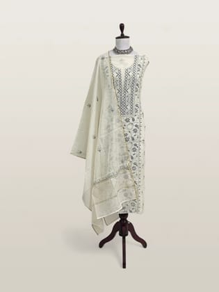 Chikankari Mul Chanderi Dress Material Ivory Blue Green Chikankari Mul Chanderi Dress Material Ivory Blue Green