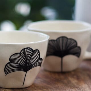 Hand-Painted Black Leaf Ceramic Mug Pack of 2 Minimalist Design