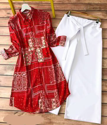 Chic Designer Printed Kurti With Palazzo in Red Color by Glamastitch-M