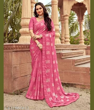 Nandini Creation Chiffon Printed Saree With Unstitched Blouse Piece ( Pink )