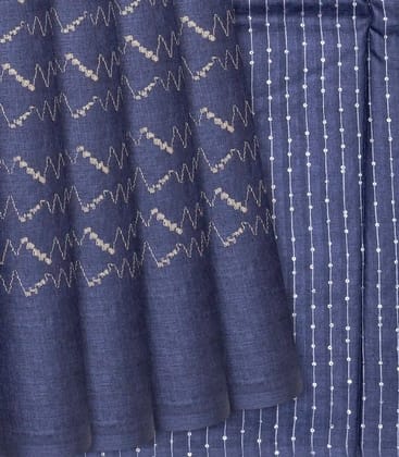 Steel Blue Woven Tussar Silk Saree With Chevron Stripes-Steel Blue-Steel Blue