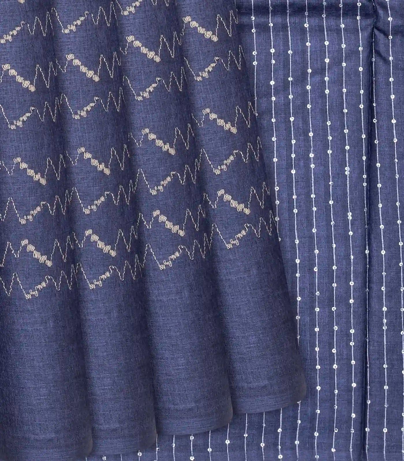 Steel Blue Woven Tussar Silk Saree With Chevron Stripes-Steel Blue-Steel Blue