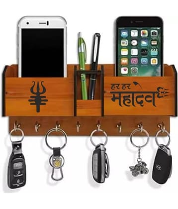 Wooden Key Holder Stand, Mobile Stand, 8 key hanging, 2 Mobile Charging Compartment,  key stand, key holder Brown
