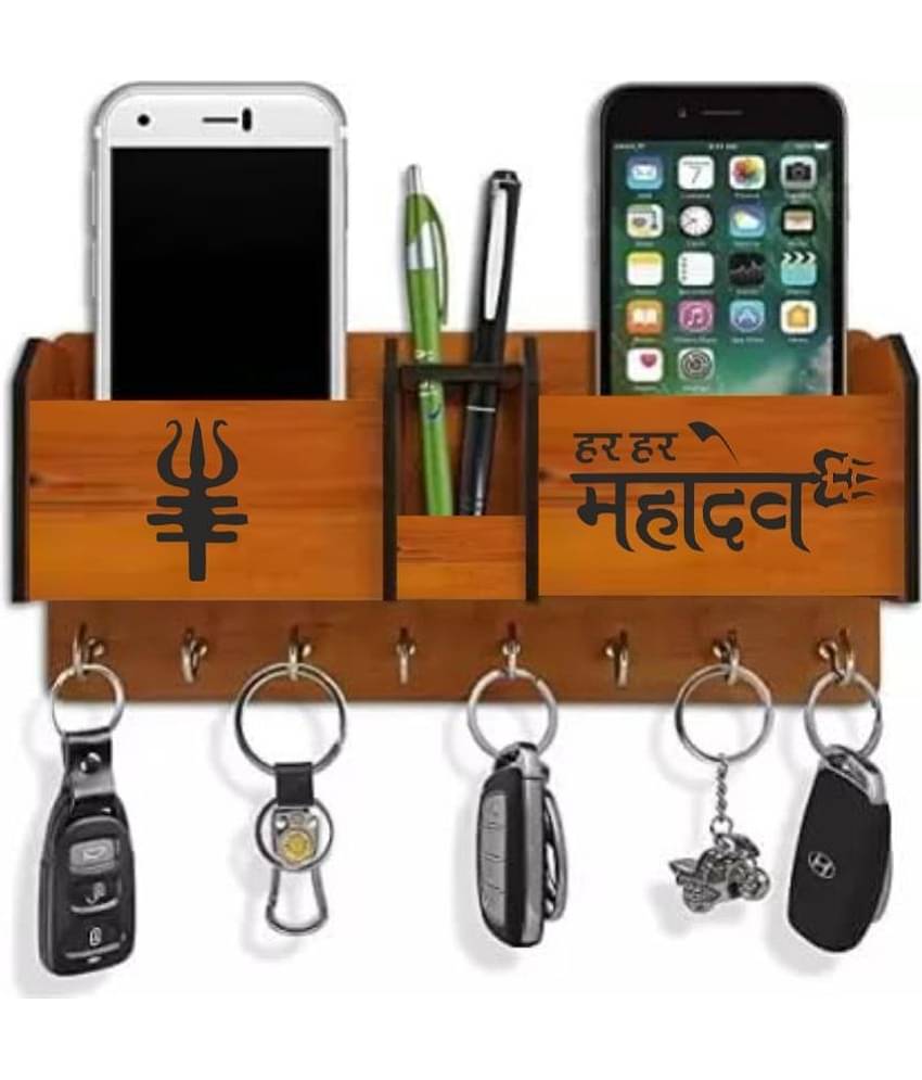 Wooden Key Holder Stand, Mobile Stand, 8 key hanging, 2 Mobile Charging Compartment,  key stand, key holder Brown