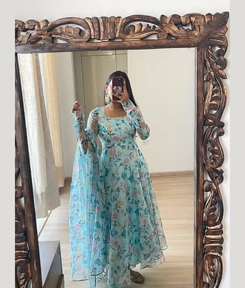 Femvy Women Cotton Blend Printed Fit & Flare Dress ( Aqua Blue )