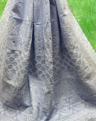 Slate Chikankari Kota Doria Saree Gray Handcrafted