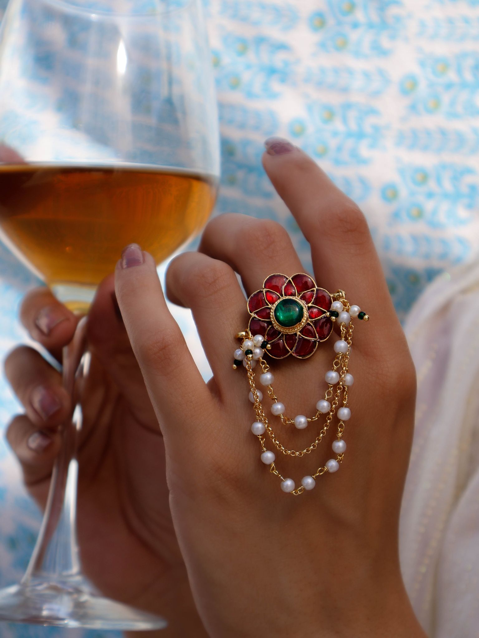 Shiqa Floral Kundan Ring-Red