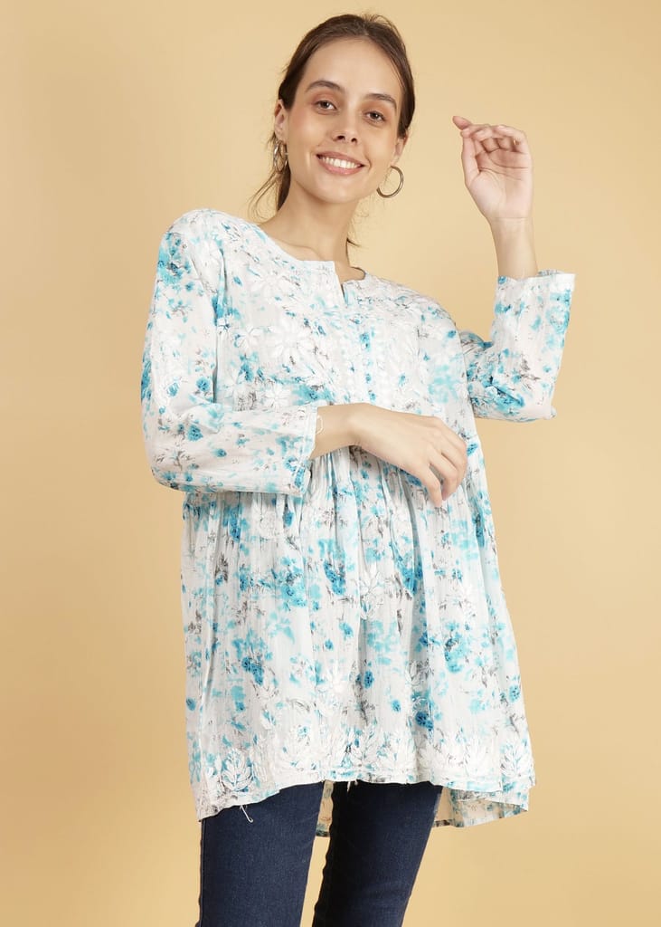 Mulmul Short Frock Style Kurti - Floral Print Blue