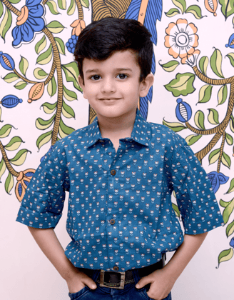 Blue Hand Block Printed Boys Shirt-2-3 Yrs
