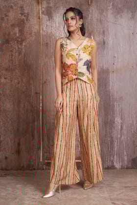 Silk linen floral digital print waist coat highlighted with hand embroidery teamed with striped palazzo-M