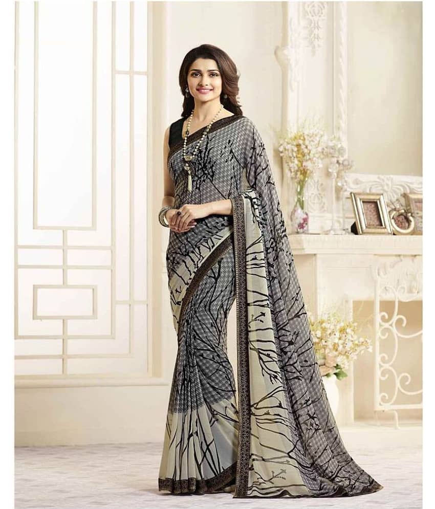 Gazal Fashions Chiffon Printed Saree With Unstitched Blouse Piece ( Light Grey )
