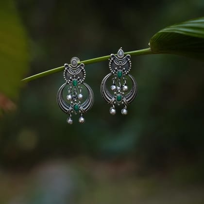 Ethnic Silver Oxidized Earrings With Green CZ Stone For Girls & Women