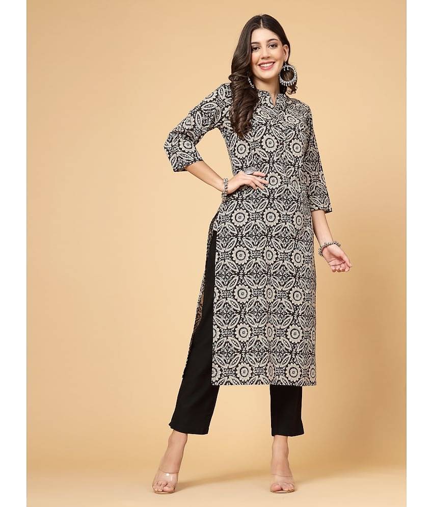 Pistaa 100% Cotton Printed Straight Women's Kurti - Black ( Pack of 1 )