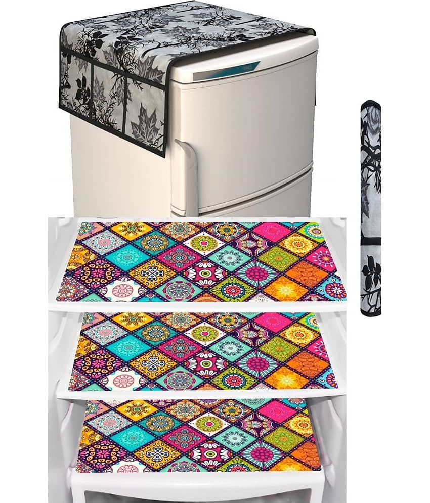 SHUBH Polyester Floral Fridge Mat & Cover ( 99 58 ) Pack of 5 - Black