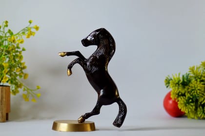 Brass Black Horse with Uplifted Legs Standing Horse Tableware Showpiece (Color - Golden, Size - 7H *5.5L*3B) by Snova Enterprises