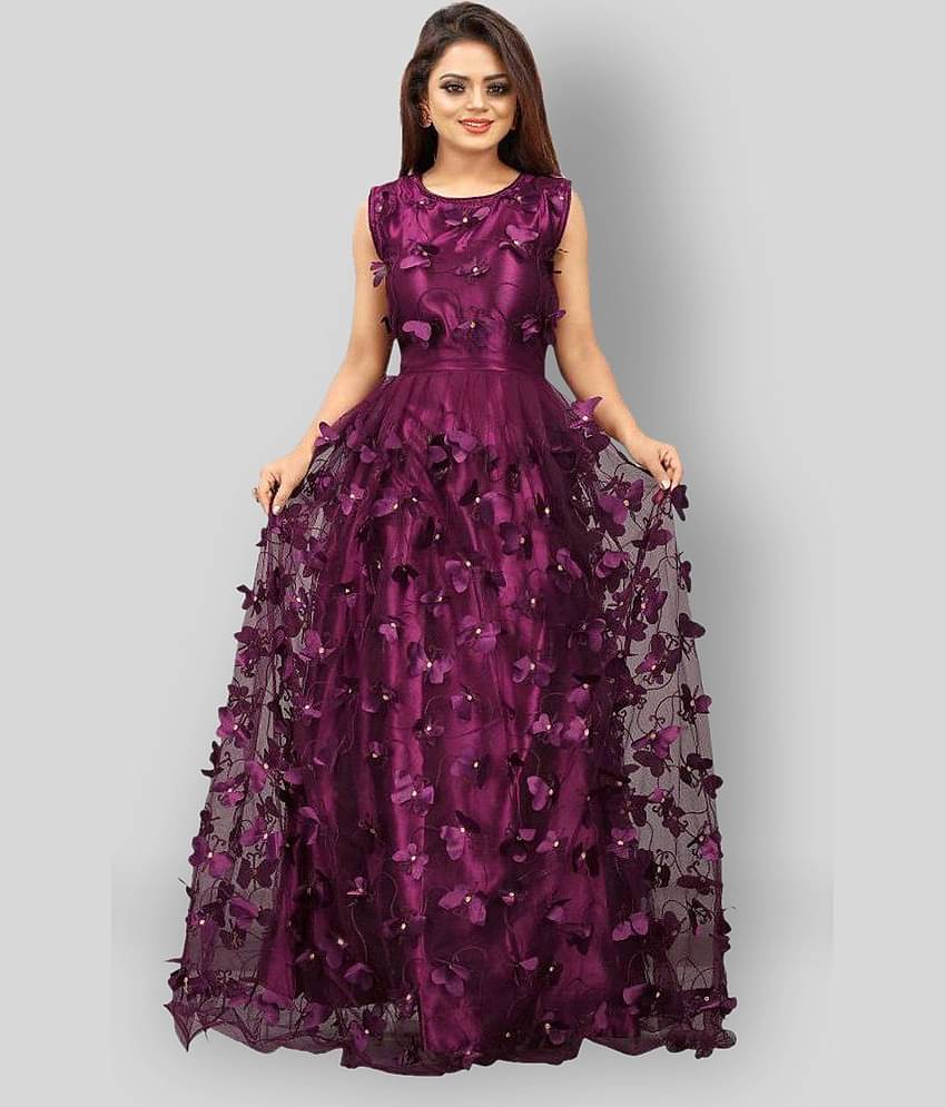 JULEE - Purple Flared Net Women's Stitched Ethnic Gown ( Pack of 1 )