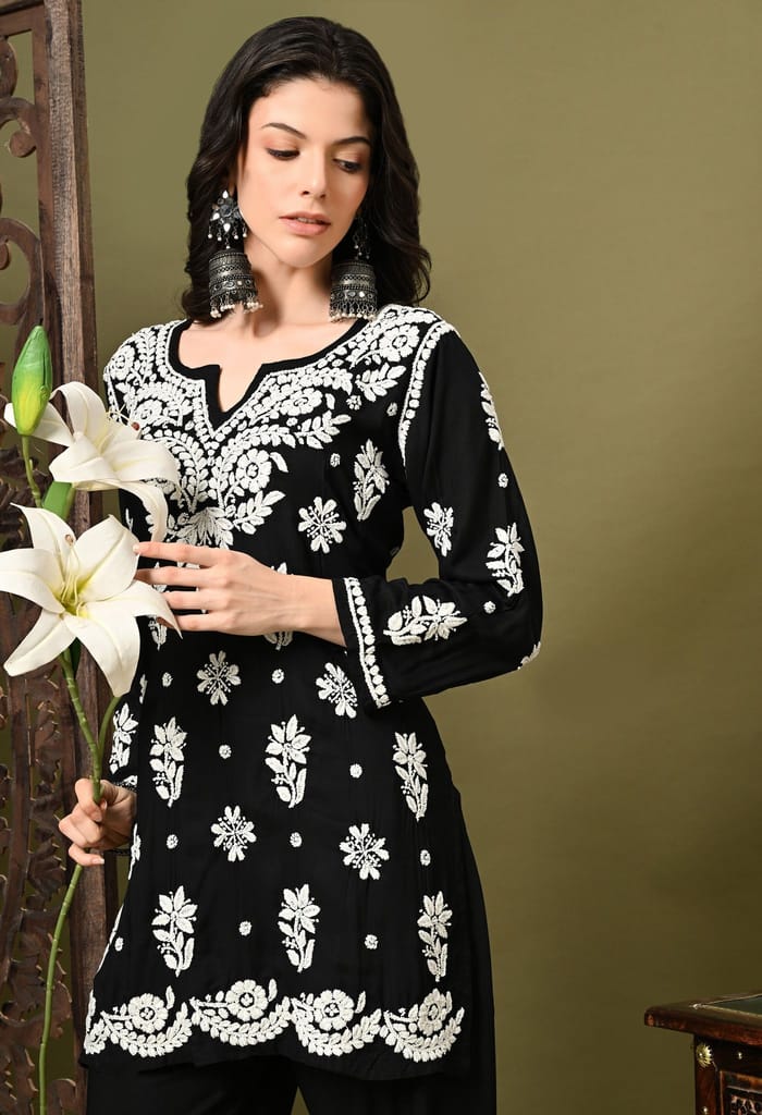 Chikankari Cord Set in Modal Fabric - Black