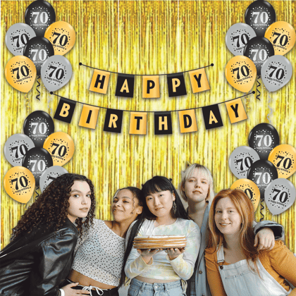 Celebrate Your 70th Birthday in Style with Our Combo Kit, 15pcs printed balloons 1 curtain and 1 Banner Pack of 17pcs
