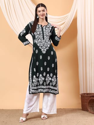 Bhumi Chikankari Premium Modal Straight Kurta-Bottle Green / S