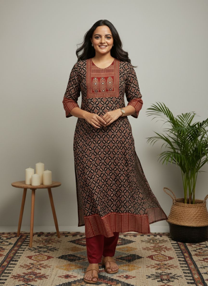 Rivaaj Ethnic Rithika Ajrakh Cotton Kurta (Size M) | Black Straight Fit with Round Neck & 3/4th Sleeves | Handblock Print | Daily Ethnic Wear