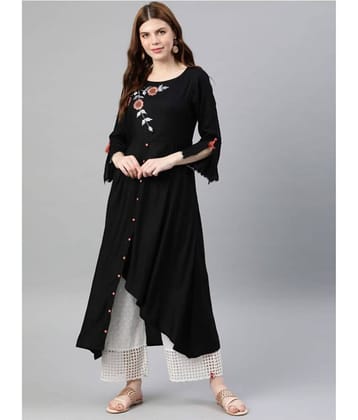 Yash Gallery Pack of 1 Rayon Embroidered Asymmetrical Women's Kurti - ( Black )