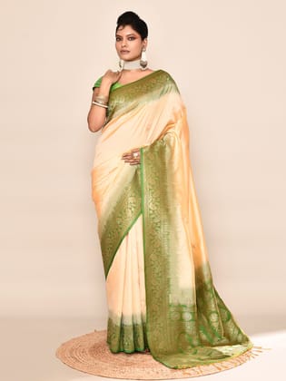 Light Yellow & Parrot Green Pure Soft Silk Floral Designed Banarasi Weaving Saree