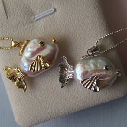 Ocean Pearl Shape Fish 18k Gold Silver Stainless Steel Anti Tarnish Necklace Pendant Chain For Women-Gold