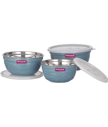 Trueware Rio Microwave Safe Plastic & Stainless Steel Bowl Set 21.5 cm ( Set of 3 ) Dark Blue