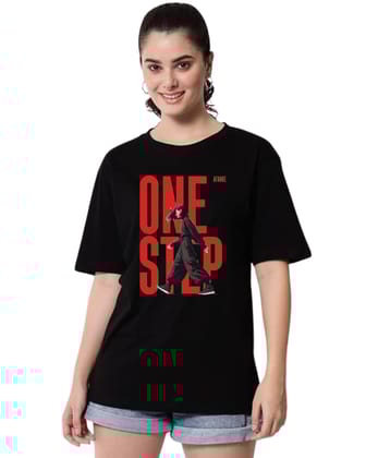 Women Short Sleeve Cotton Blend Oversized Printed Round Neck T-Shirt Black (Size 2XL)