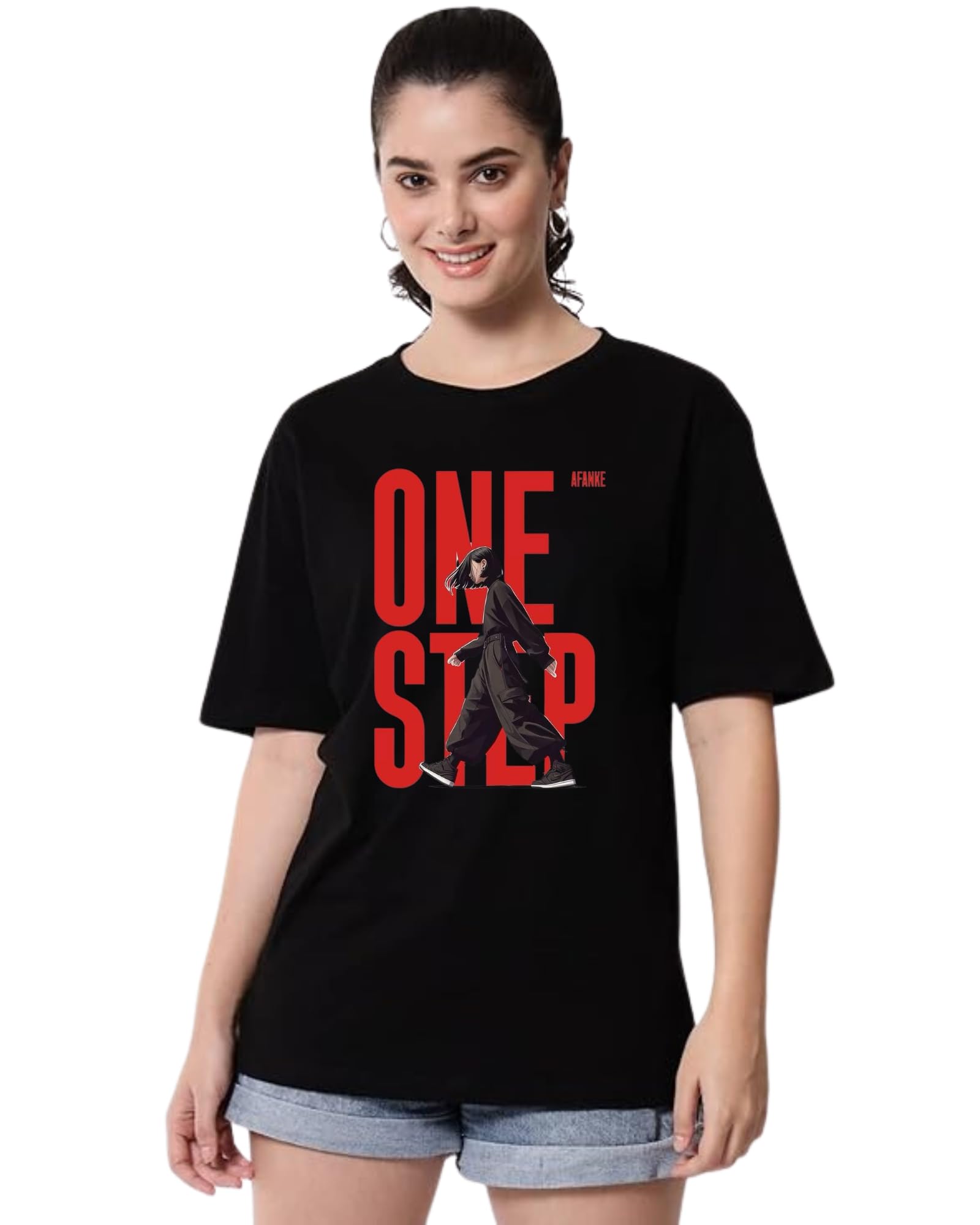 Women Short Sleeve Cotton Blend Oversized Printed Round Neck T-Shirt Black (Size 2XL)