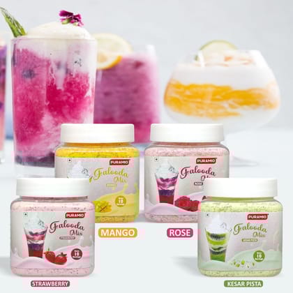 Puramio Falooda Mix Combo Pack (Strawberry, Rose, Mango & Kesar Pista), 200 gm Each - Pack of 4
