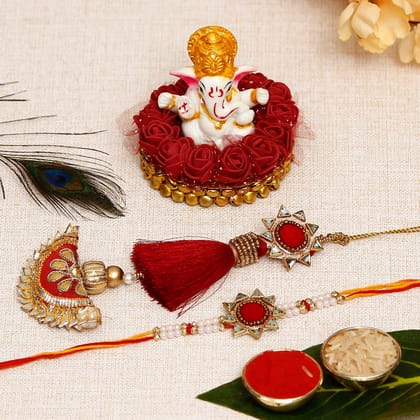 Designer Handcrafted Premium Bhaiya Bhabhi Rakhi with Lord Ganesha Idol on Decorative Plate for Car & Home and Roli Chawal Pack