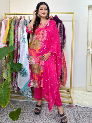 Pink Floral Muslin Kurta Set-S