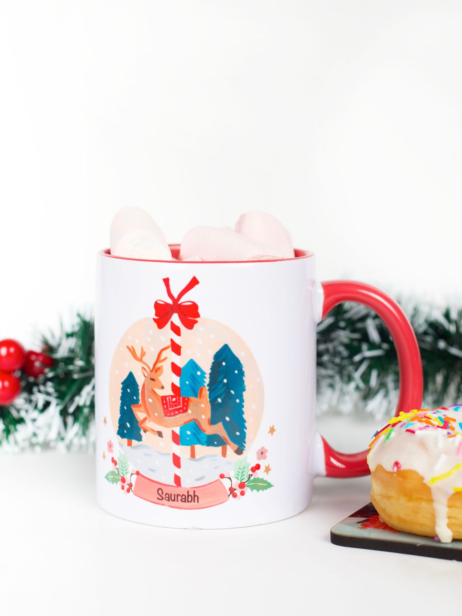 Personalised Name Snowball Reindeer Mug