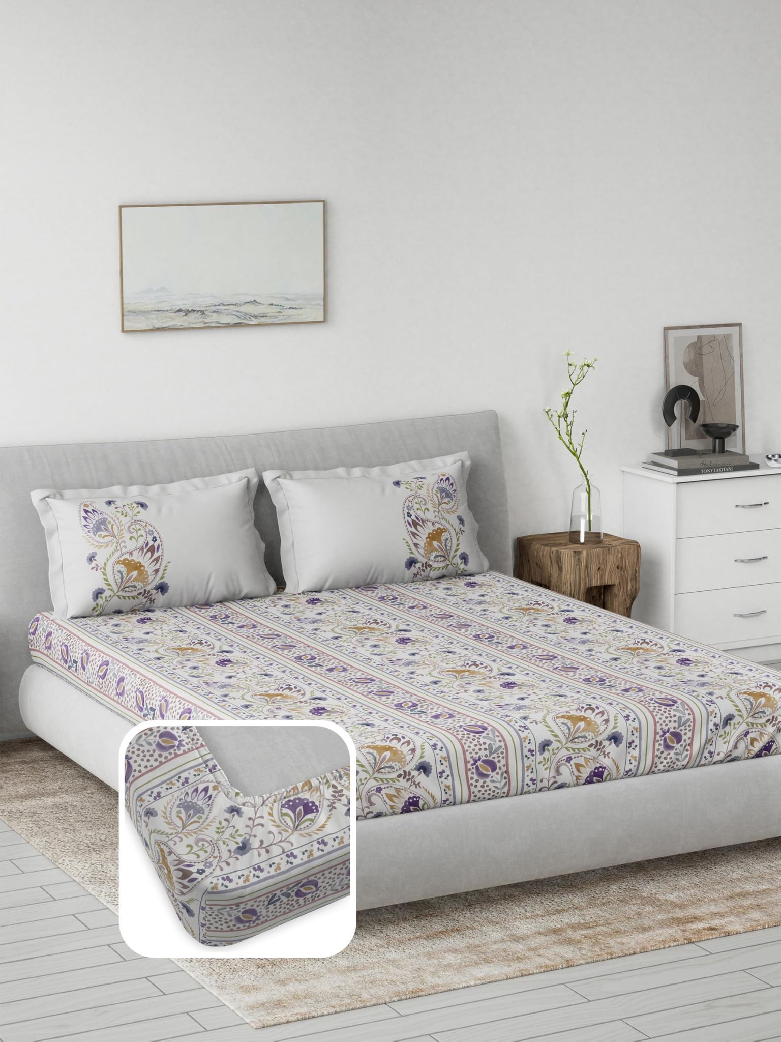 DDECOR - Primary Collection 100% Cotton Ethnic Pattern 145TC King Fitted Sheet|180 CM X 198 CM| - Purple
