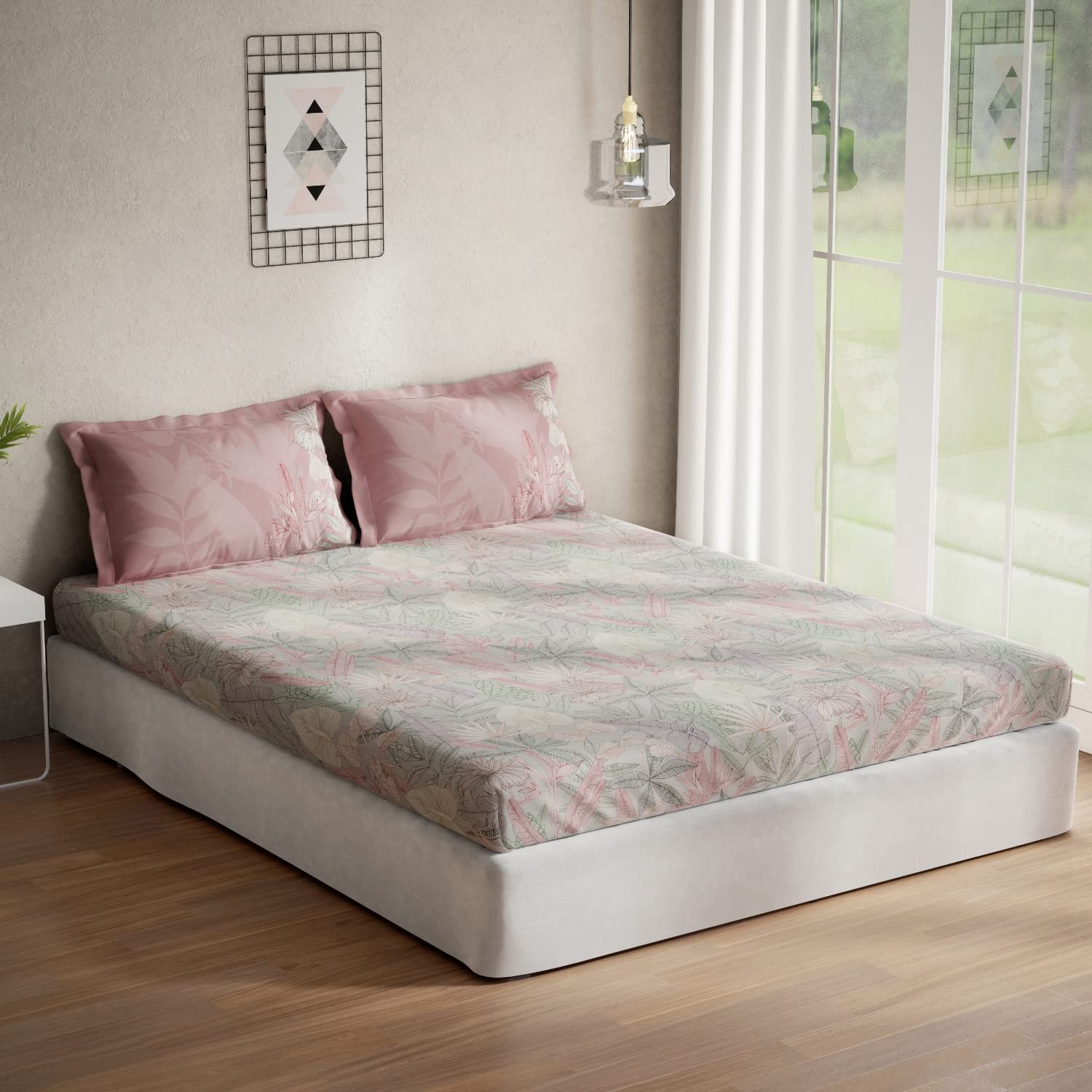 DDECOR - Optima Collection 100% Cotton Leaves Pattern 136TC Queen Bedsheet |224 CM X 254 CM| with 2 Pillow Covers - Grey