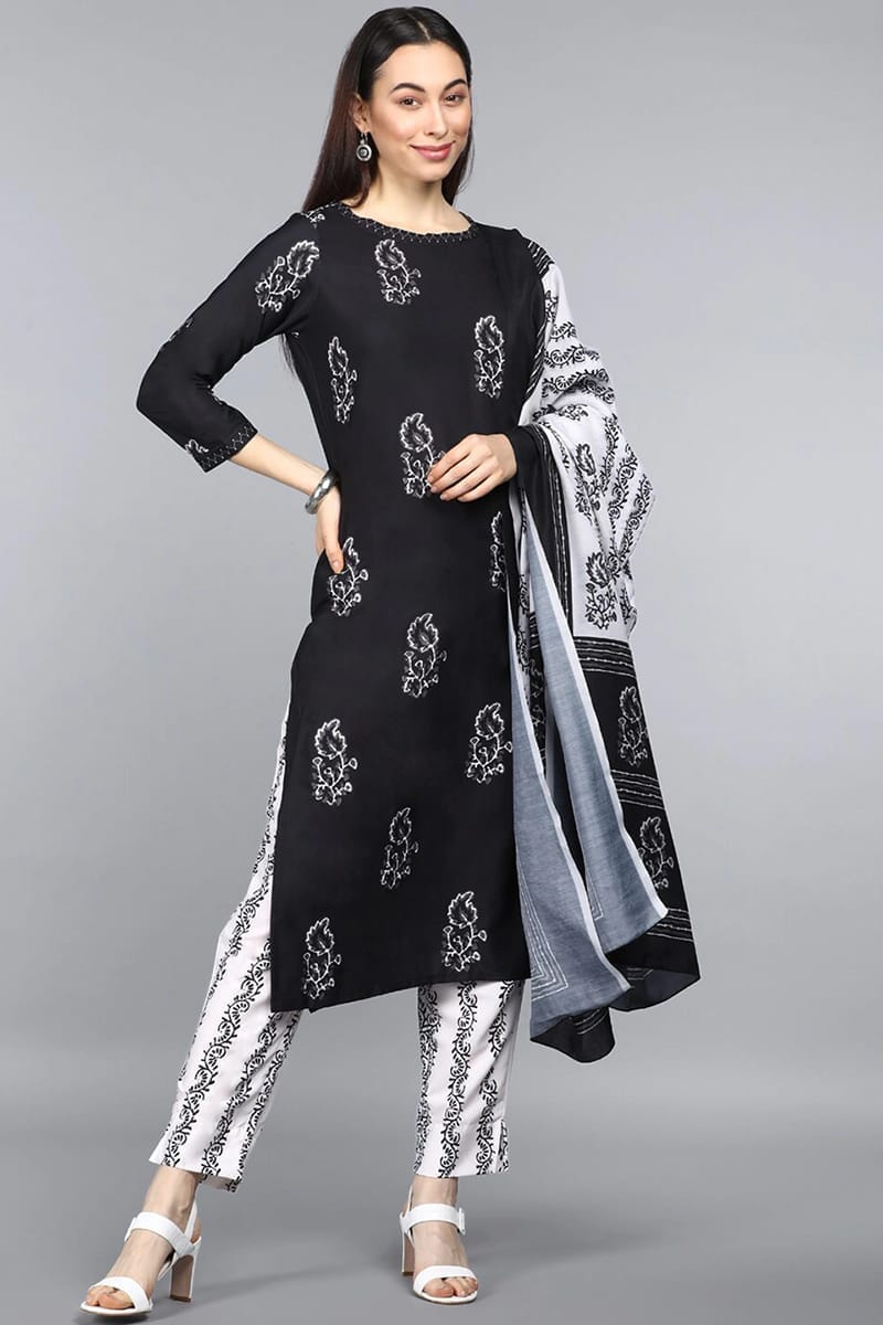 Ahika Women Crepe Black Ethnic Motifs Printed Straight Kurta Pant Dupatta Set PKSKD1029