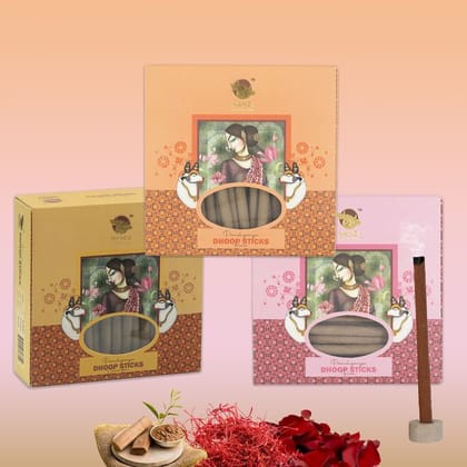 Nandi Panchgavya 100 Percent Cow Dung Dhoop Sticks for Pooja with Stand (Chandan, Kesar, Rose Fragrance -Pack of 3,150 Sticks)