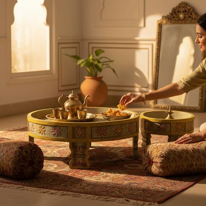 BAANMATA INTERNATIONAL Handicraft Blue-Background Chakki Table,Painted Wooden Grinder Table,Home Decors Lampholder-Table,Showpiece Coffee Table Cum Cocktail Table in Set of 2