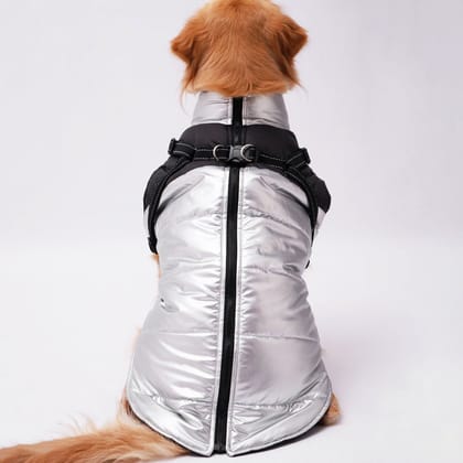 Dog Jacket with Metallic Silver Top, Adjustable Straps, and Zip-S