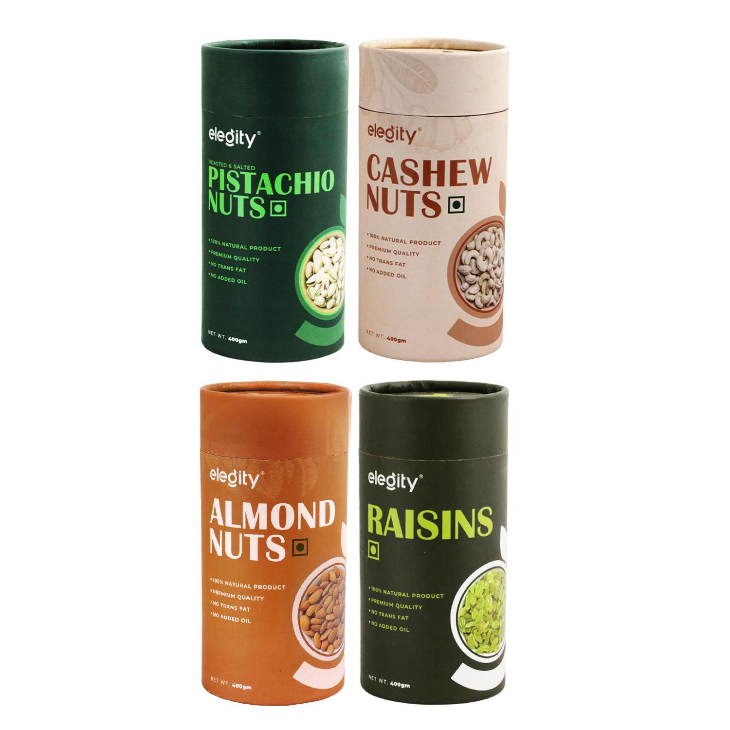 ELEGITY Dry Fruit Combo Pack | Jumbo California Almonds, Pistachios, W210 Cashew, Green Raisins (400 gm each) | 100% Natural, No Added Preservatives | Nutritious Snacks - Pack of 4