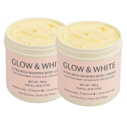 Glow & White Ultra Rich Body Cream for Deep Moisturizing & Bright Skin | Paraben-Free Whipped Formula | Day & Night Use | For All Skin Types | Pack of 2 x 100g | Organic Nourishment Glow & White Ultra Rich Body Cream for Deep Moisturizing & Bright Skin | Paraben-Free Whipped Formula | Day & Night Use | For All Skin Types | Pack of 2 x 100g | Organic Nourishment
